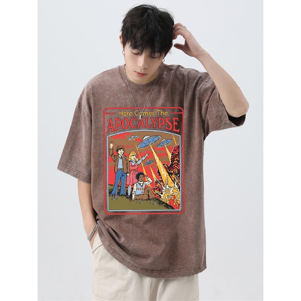 Here Comes The Apocalypse Ufo Washed Retro T-Shirt Men Fashion Cotton Clothes T-Shirts Oversized Street Casual Tops