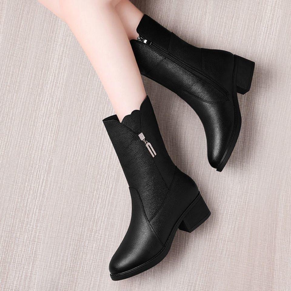 Fashion Autumn Winter Middle Heel Warm Round Toe Ladies Mid Calf Shoes Leather Rhinestone Women's Half High Boots Trend 2025 Pu Footwear