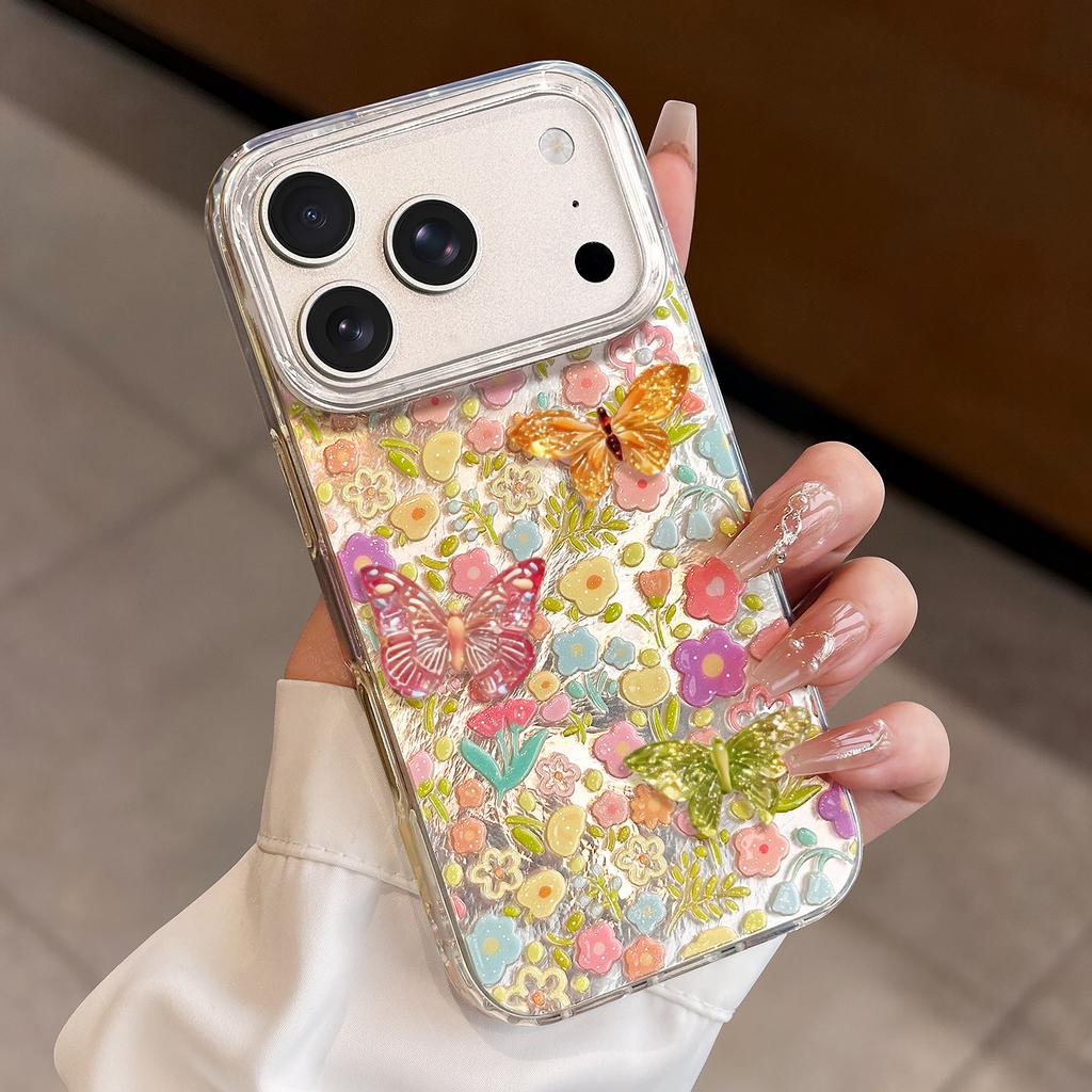 Fine flash purple flower is suitable for Apple 17promax gilt glitter iPhone16pro pearl case spring mobile phone case.