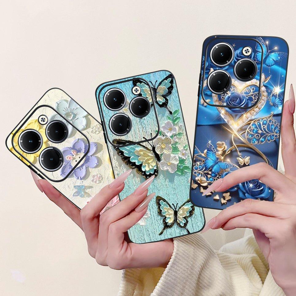 Cover For Tecno Spark 20 Pro Plus Back Bumper Spark 20Pro 20C Colorful Butterfly Flower Painting Phone Case Black Soft Silicone