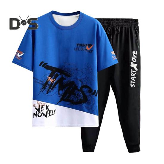 

2 шт./компл., мужской летний комплект спортивной одежды, футболка с буквенным принтом и круглым вырезом, короткий рукав, спортивные штаны с эластичной резинкой на талии, комплект спортивной экипировки L синий