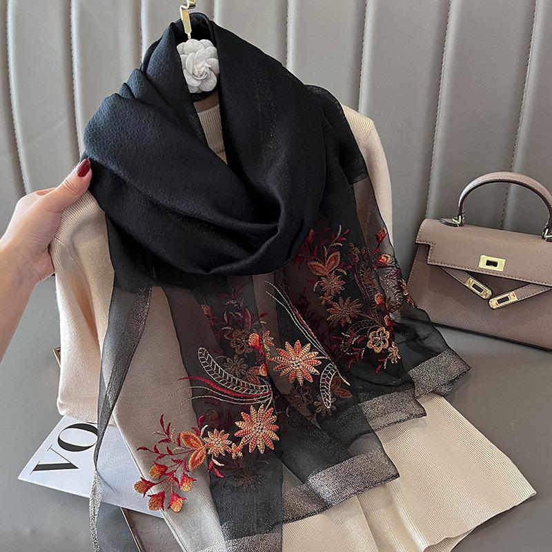 Marca de Lujo Seda Lana Bufanda Mujer Bordado Chal y Wraps Foulard Femenino Hijab Bandana bufandas para señora flores estolas de playa