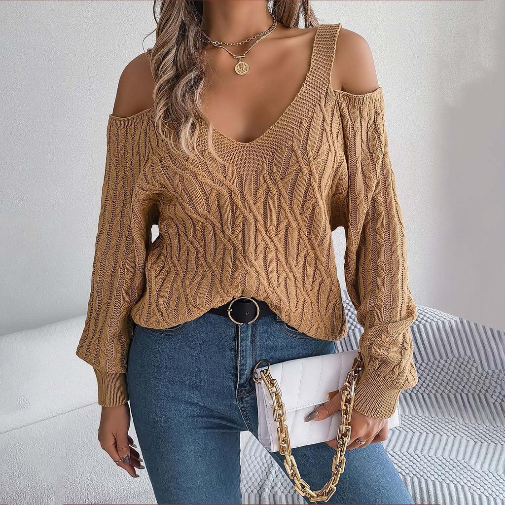 Women's Fashion V-neck Long Sleeved Color Shoulder Loose Sweater