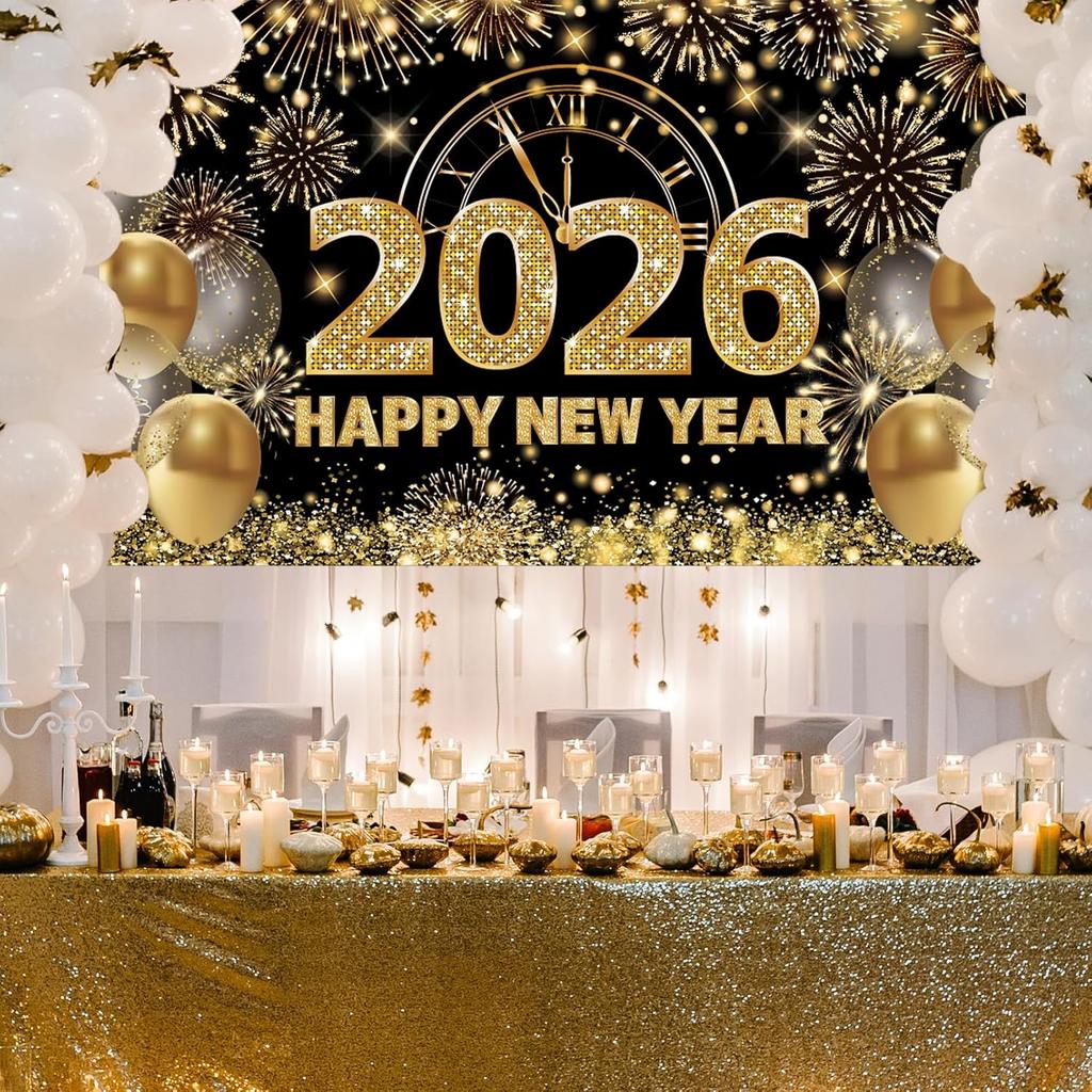Black Gold Happy New Year 2026 Banner, New Years Eve 2026 Banner, NYE Party Decorations Photo Background for Boys, Girls, Friends, Celebrations Party
