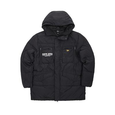 New Era Giacca Imbottita Lunga con Cappuccio e Zip Multi-tasche Design Lettere Unisex Capospalla Nero 12568266