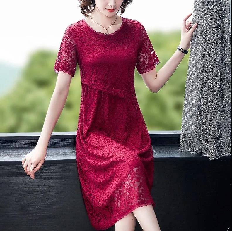 Women's Summer Short Sleeve Midi Dress Lace Loose Round Neck A-Line Skirt