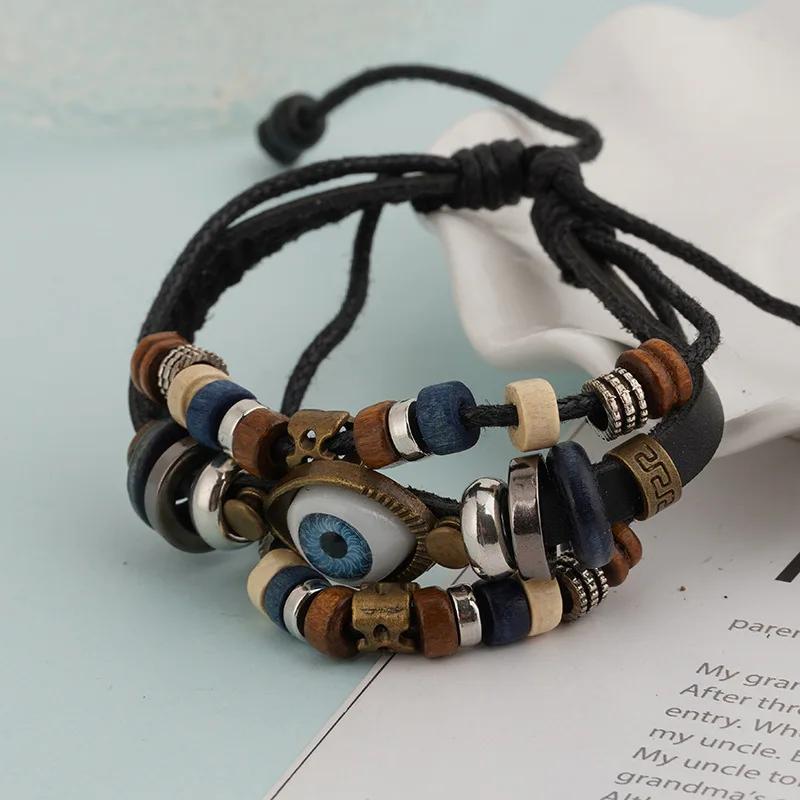 

Браслеты от сглаза для мужчин женщин винтажная кожаная веревка крутой регулируемый многослойный браслет шарм турецкие украшения Хэллоуин косплей чёрный