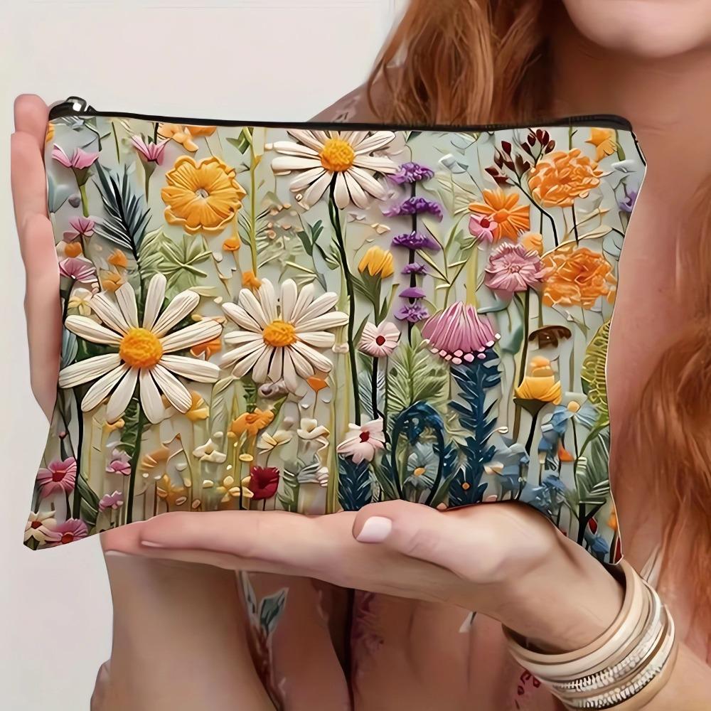 Lightweight Portable Women Makeup Pouch Large Capacity Double-sided Printed Handbag Floral Cosmetic Storage Bag