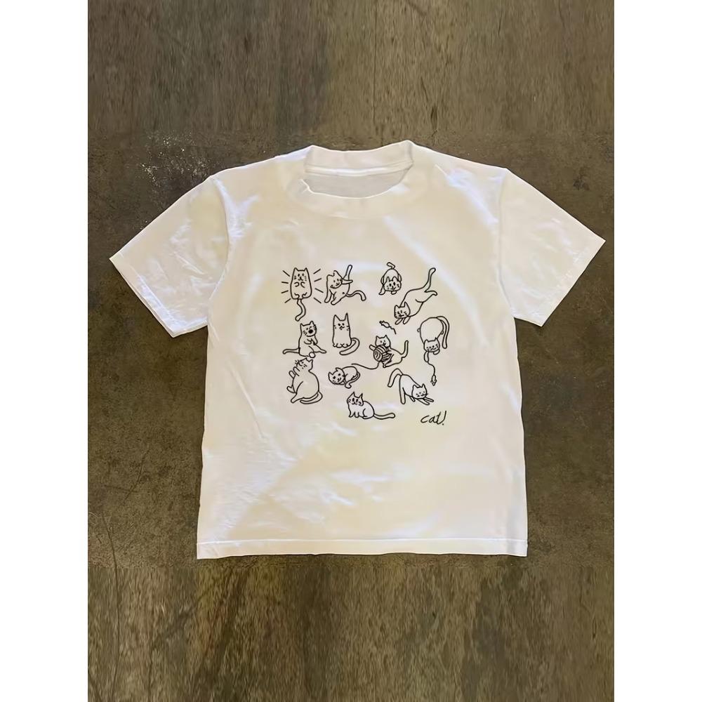 Cute Cartoon Cats Doodle Graphic T-Shirt, Casual Crew Neck Short Sleeve Top, Unisex Summer Daily Fashion Tee for Cat Lovers S
