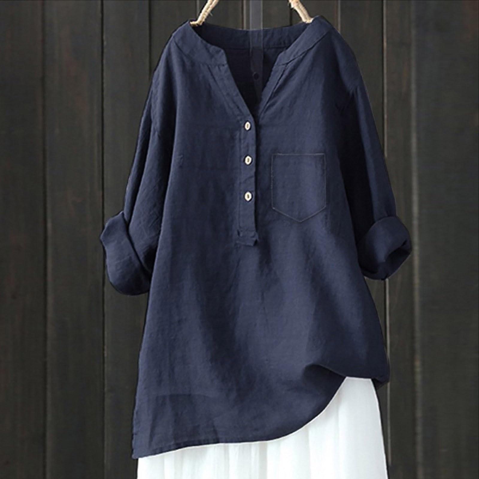 

Женская мода свободный однотонный стоячий воротник на пуговицах с длинным рукавом хлопковый топ S тёмно-синий