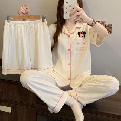 Sweet and Cute Pajamas Women's Summer New Imitation Cotton Jacquard Short-sleeved Loungewear Three-piece Set