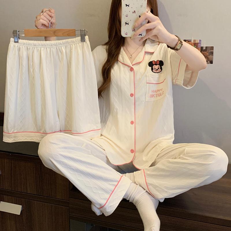 

Sweet and cute pajamas women s summer new imitation cotton jacquard short-sleeved loungewear three-piece set 2XL [Recommended 135-75kg]