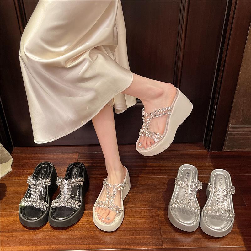 2025 new slippers women's summer fashion versatile outer wear heightened thick bottom slope heel rhinestone premium high heel cool slippers