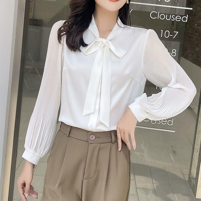 Spring Autumn New Solid Color Lace Up Shirt Commute Office Lady Fashion Ruched Long Sleeve Scarf Collar Button Chiffon Blouse