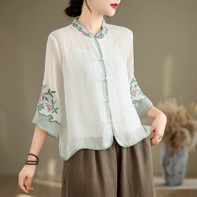 Dam Blombroderi Vintage Knappskjorta Stand Collar Lös Bomull Linne Blus Sommar 3/4 Ärm Eleganta Toppar