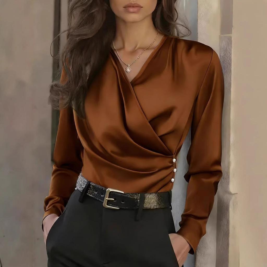 Women's Dark Gray Satin Long Sleeve V Neck Top with Side Pleat and Three Buttons
