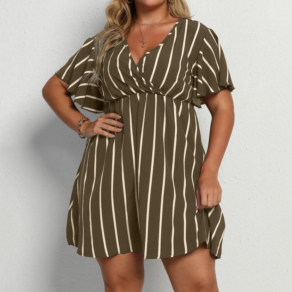 Damen Plus Size Gestreiftes V-Ausschnitt Freizeit Sommerkleid mit Kurzen Ärmeln, Fließendes A-Linien Design, Bequeme Passform