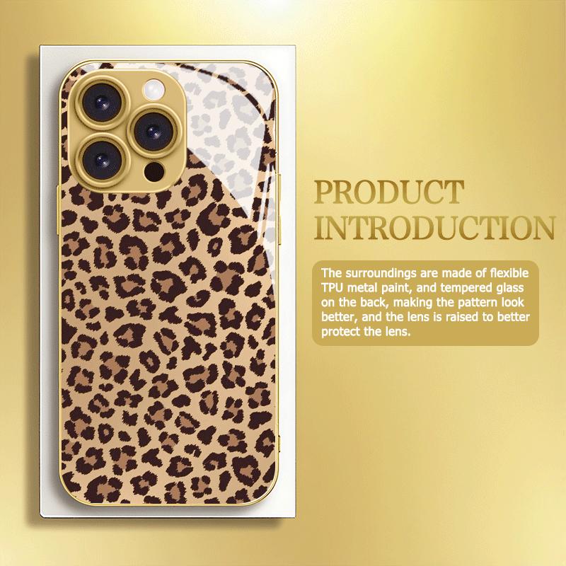 Leopard print metal paint tempered glass phone case suitable for iPhone17 16 15 14 13 12 11Pro Max Plus anti drop and shockproof