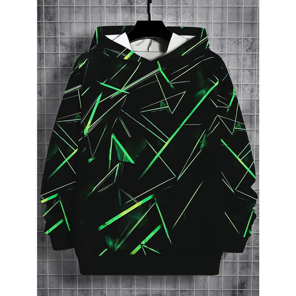 Jungen Kapuzenpullover 3D-Druck, langärmliges lässiges Sportoberteil mit geometrischen und linearen Mustern