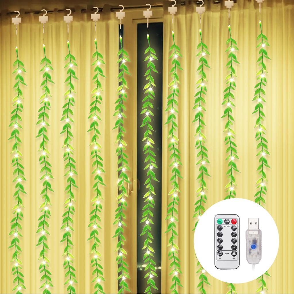 USB Artificial Leaf Willow Vines LED Lights String 8 Modes Remote LED Curtain String Light for Wedding Party Christmas Decor
