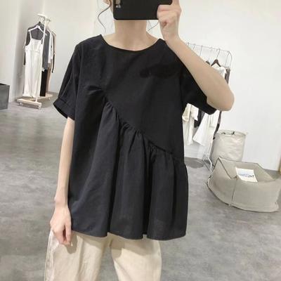 Plus Size Women's Korean Irregular T-shirts Summer Casual Loose Round Neck Short Sleeves Tops