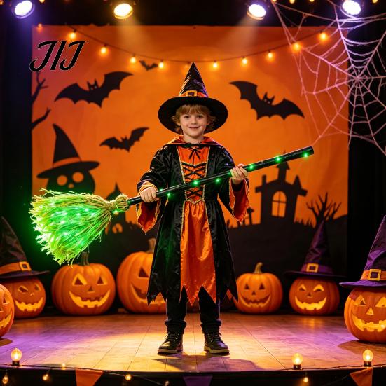 Broom Halloween Witch with Green LED Light, Glowing Cosplay Wizard Illuminated Performance Prop Broomstick, Costume for Themed Parties, Indoor Outdoor