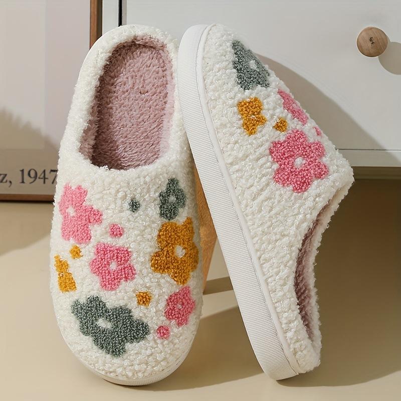 Cartoon Flower Winter Slippers, Warm Indoor House Slides