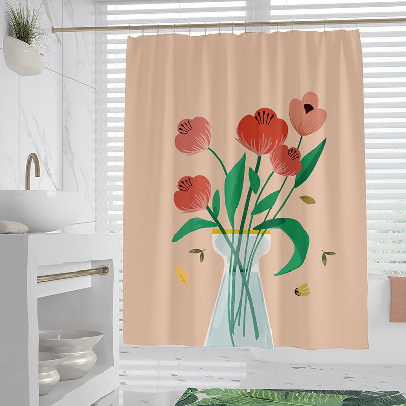 Chat Nordique Fleurs lavable Résistant à la saleté Rideau de douche Pommeau de douche étanche Polyester Rideau de bain Pour décoration intérieure