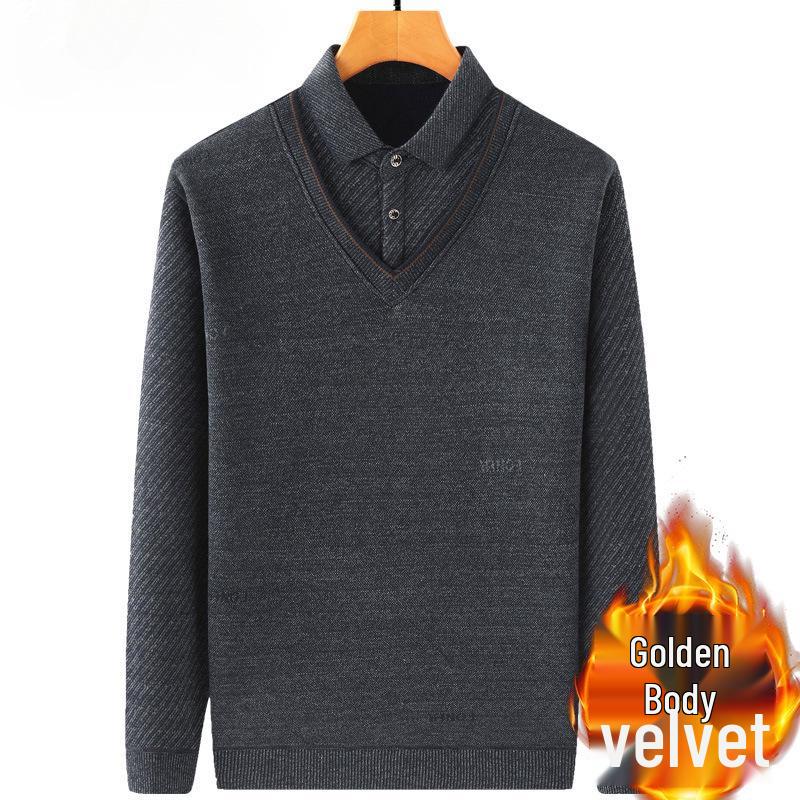 Middle-aged & Elderly Men's Thickened Velvet Knit Sweater Faux Two-Piece
