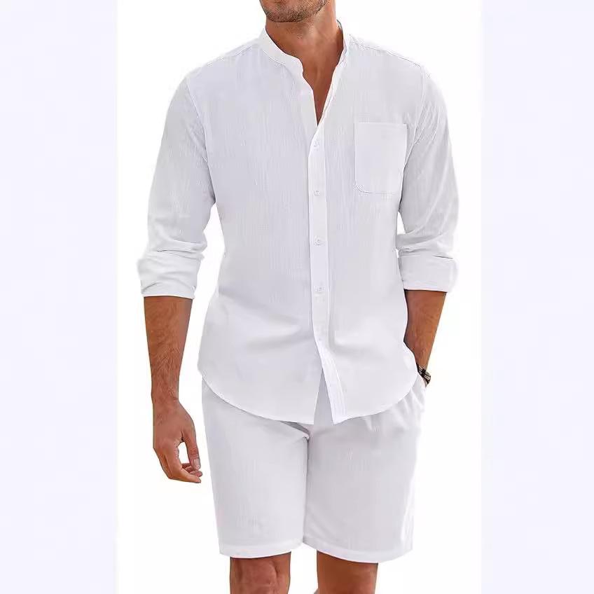 Men's 2 Pcs Sets Daily Casual Cotton Linen Outfits Vintage Stand Collar Button-up Shirts and Shorts Sets for Men Clothing Summer