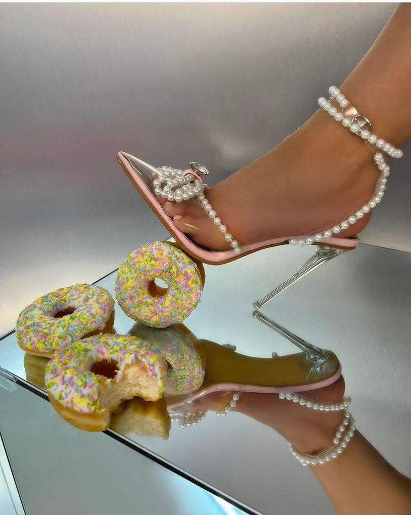 Women's Butterfly Pearl Rhinestone Pointed Toe Crystal Heel Sandals