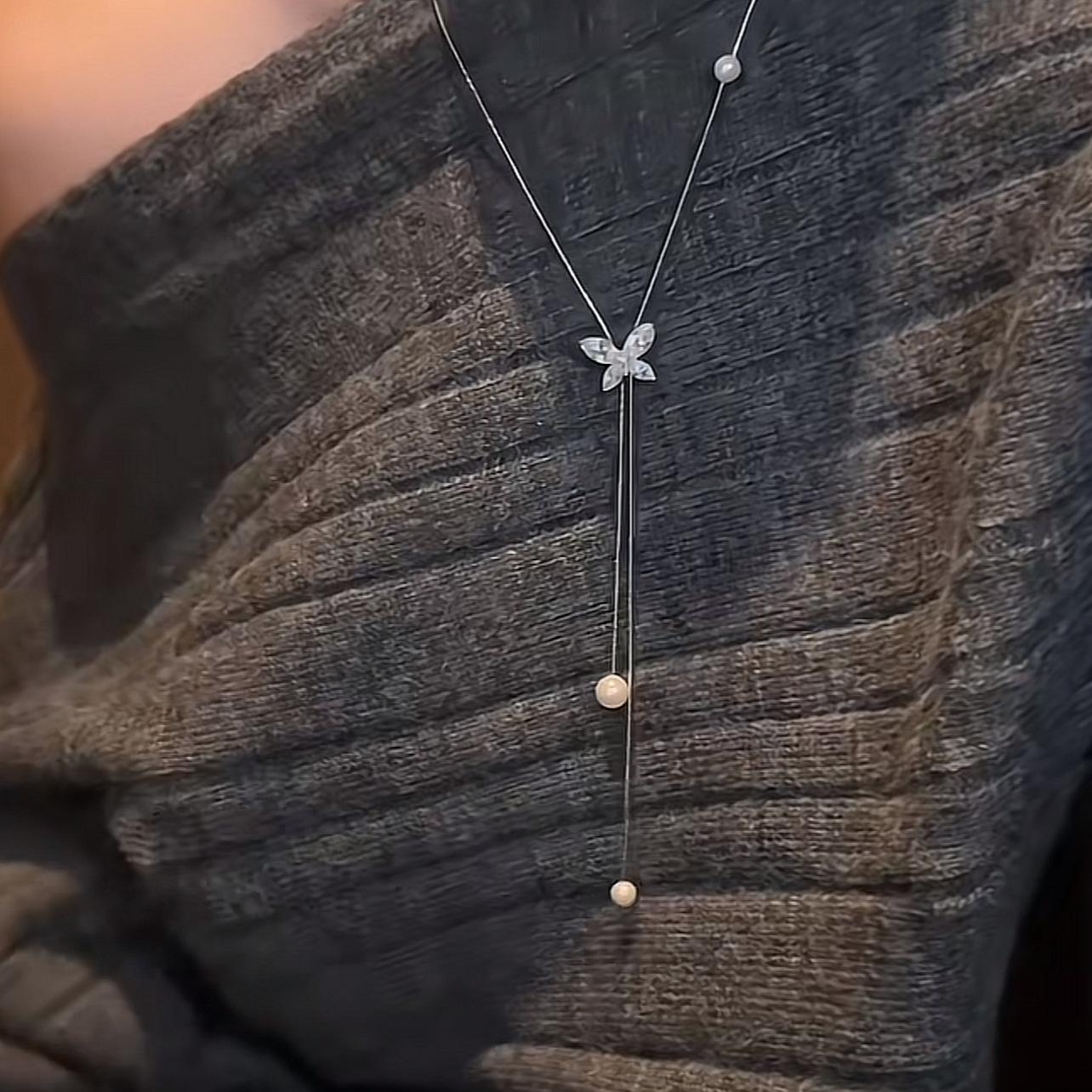 Korean version of zircon butterfly tassel pearl necklace personality temperament sweater chain necklace