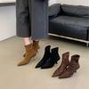 Pointed High-heeled Thin Short Boots Autumn Temperament Square Buckle Suede Elastic Short Boots Women's Boots