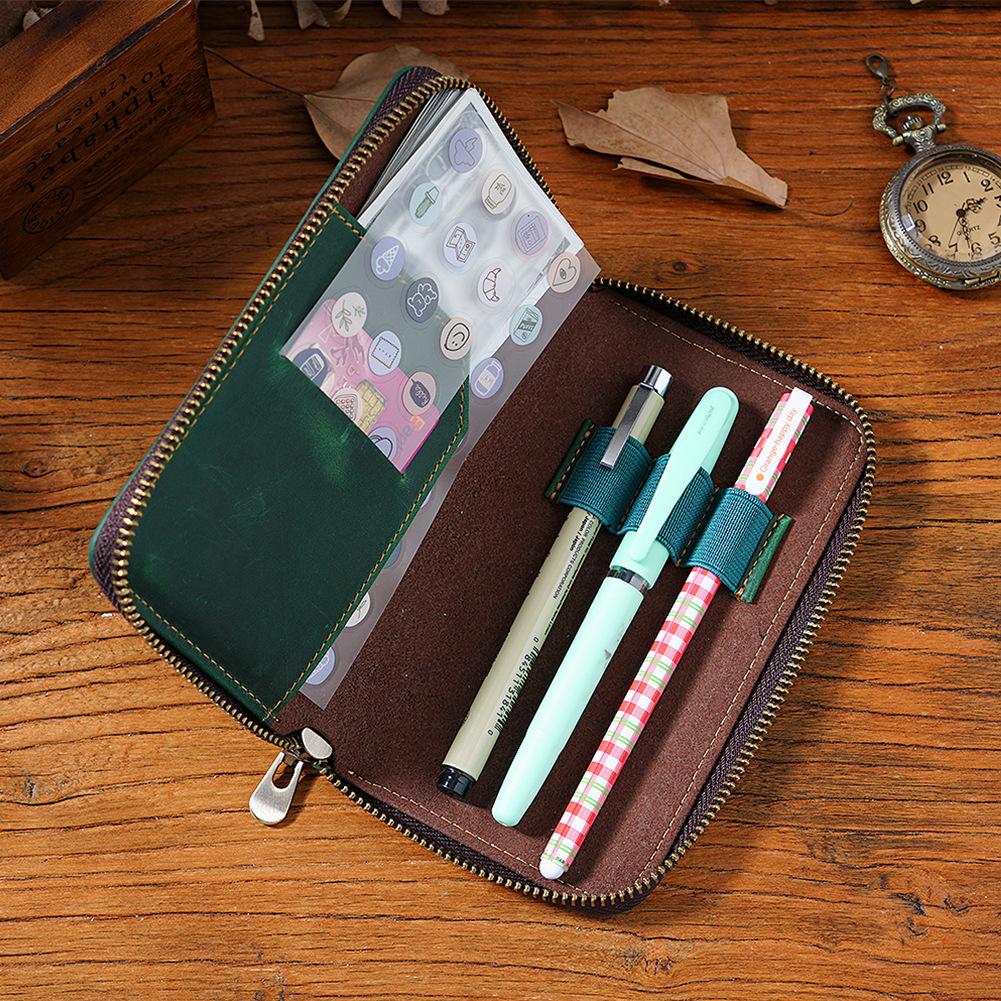 2026 First Layer Cowhide Three-pack Pencil Case Zipper Pen Storage Bag Plus Large Capacity Bill Stationery Case Pencil Case
