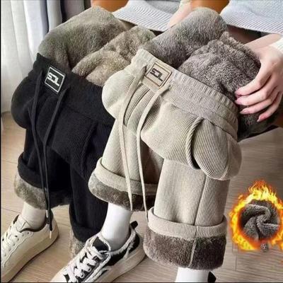 Women's Winter Plus Size Padded and Thickened Loose High-waisted Drape Trousers Casual Warm Skinny Dragging Trousers