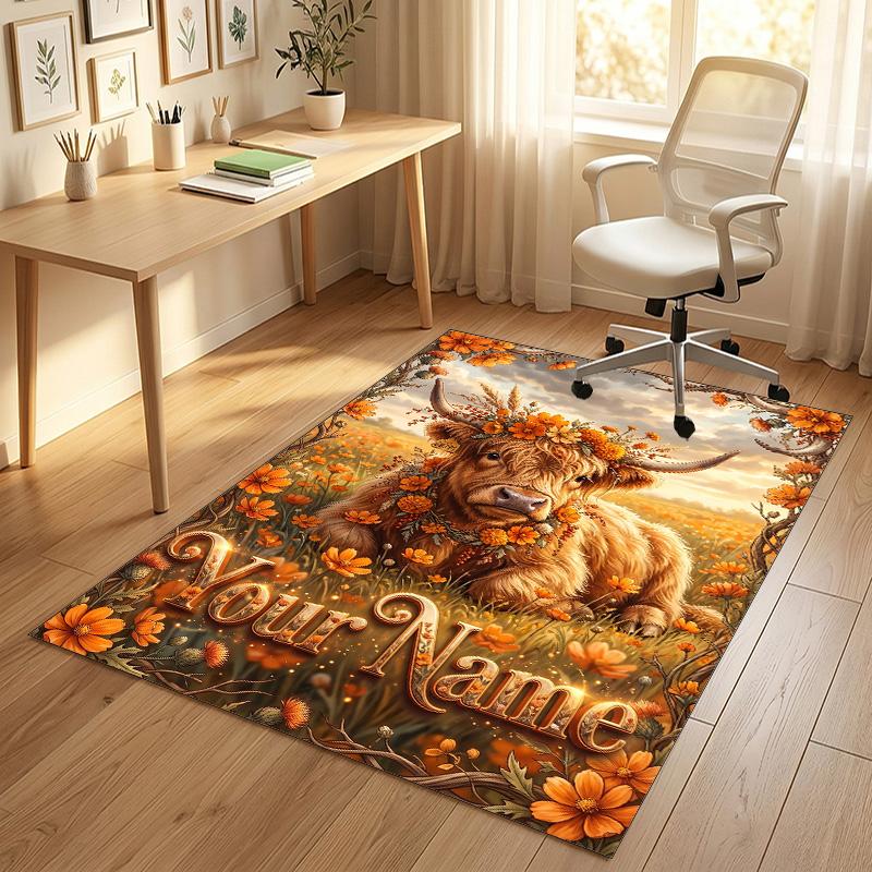 Cow Highland Theme Crystal Velvet Rug Personalized Custom Name Text Soft Floor Mat Home Decor