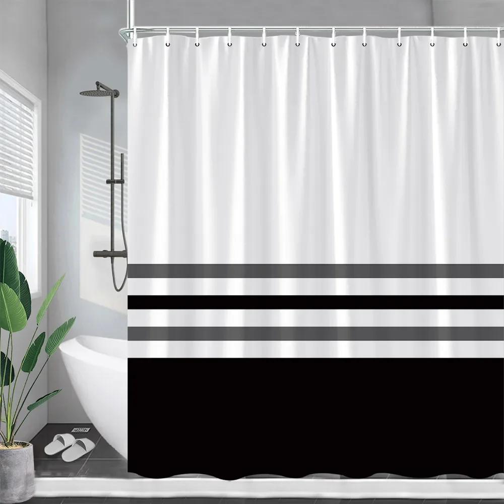 Blue And White Striped Shower Curtains Grey Geometric Modern Minimalist Polyester Fabric Bath Curtain Bathroom Decor With Hooks