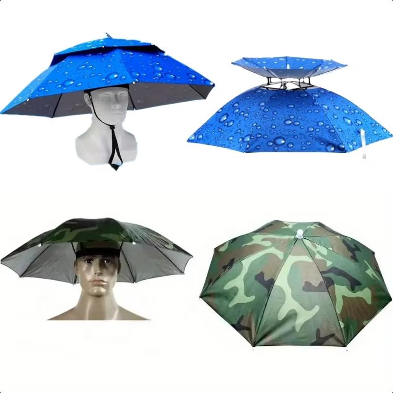Rain Umbrella Hat Foldable Sun Shade Waterproof Fishing Headwear Cap Beach Head Hats Double-Layer UV Protection Sunscreen