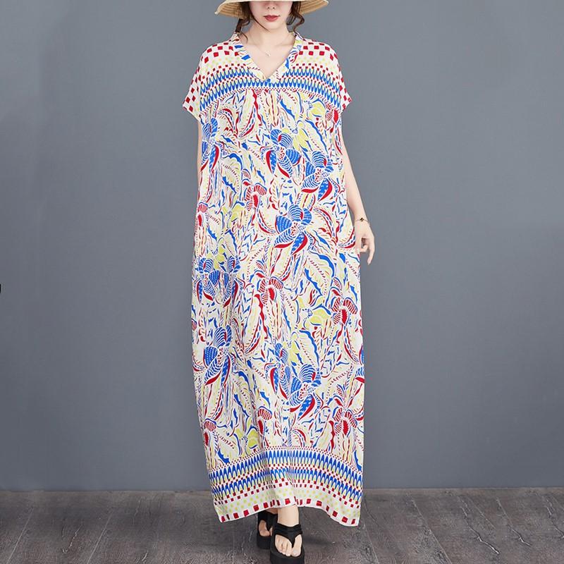 Mânecă scurtă, marime mare, satin de bumbac, vintage, floral, nou în rochii pentru femei, lejer, lejer, rochie maxi lungă de vară