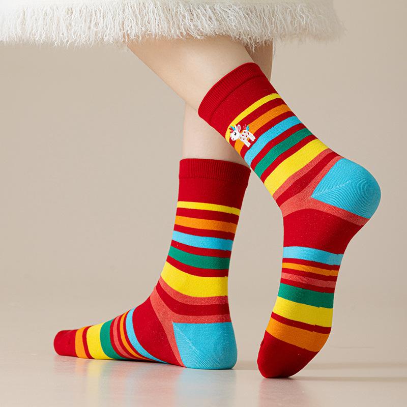 Red Socks Pure Cotton Year Of The Horse Tube Socks Cute Cartoon Season Cotton Boneless Festive Stockings