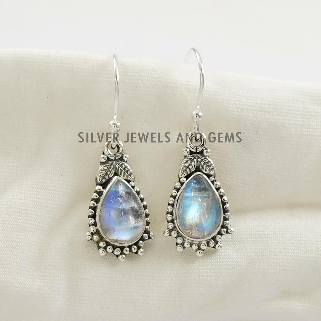 Natural Rainbow Moonstone Earrings, Teardrop Designer Earrings, Gemstone Earrings, Handmade Earrings, 925 Sterling Silver, Gift for Sister