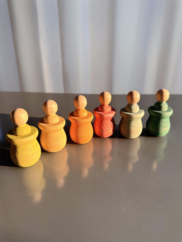 Beech Wooden Rainbow Sorting Toys Early Learning for Kids Pastel Pot Peg Dolls with Balls