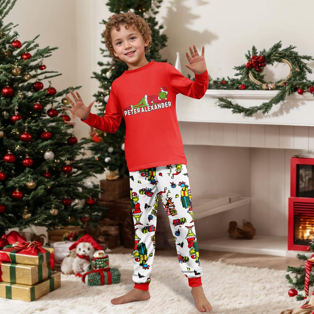 Family Matching Christmas Print Pajama Set with Round Neck Long Sleeve and Long Pants for Mom Kids