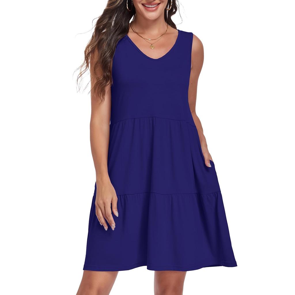 Sleeveless V Neck Tiered Casual Dress for Women Loose Fit Lightweight Summer Dress with Pockets Comfortable Design