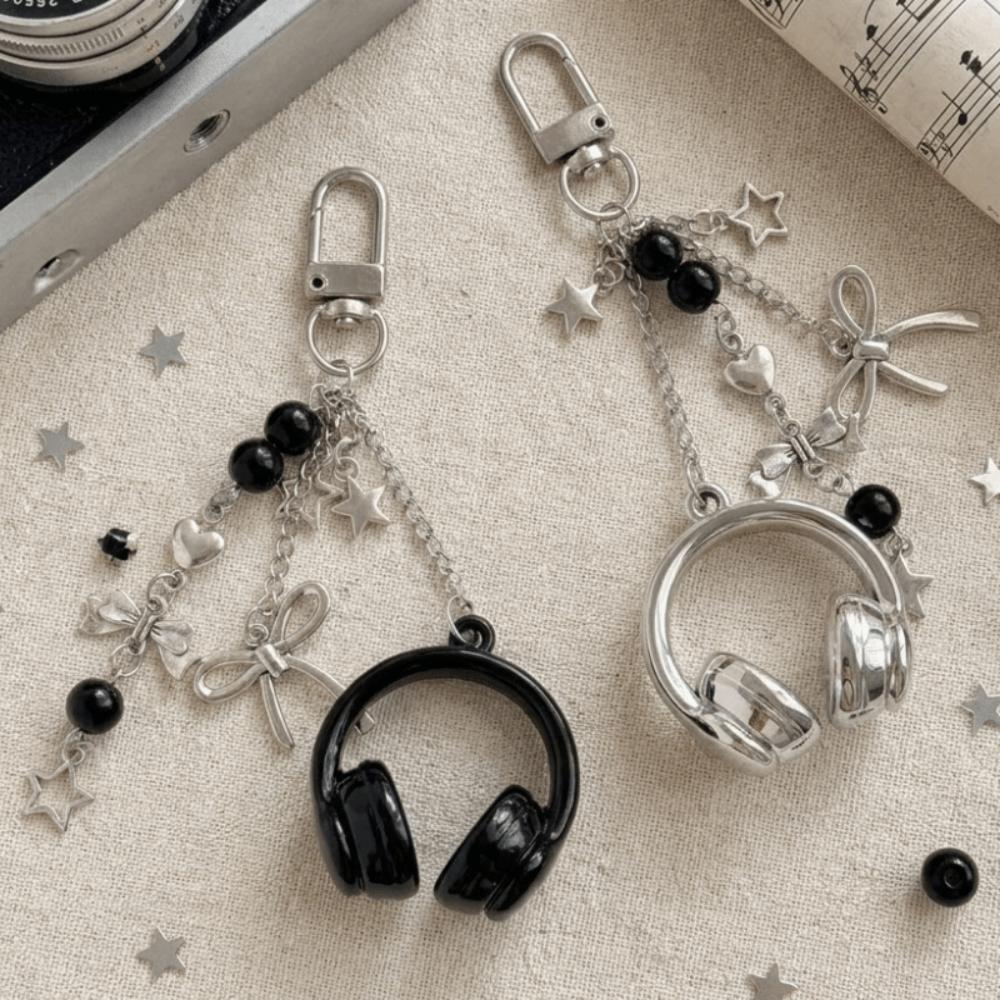 Black Silver Bow Star Bag Charms Beaded Pendants Creative Phone Lanyards  Girl
