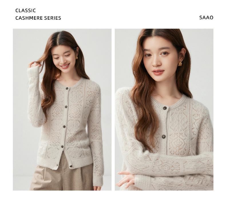 Round Neck Hollow Cashmere Cardigan - 2026 Autumn Women's Elegant Single-Breasted Versatile Warm Outerwear