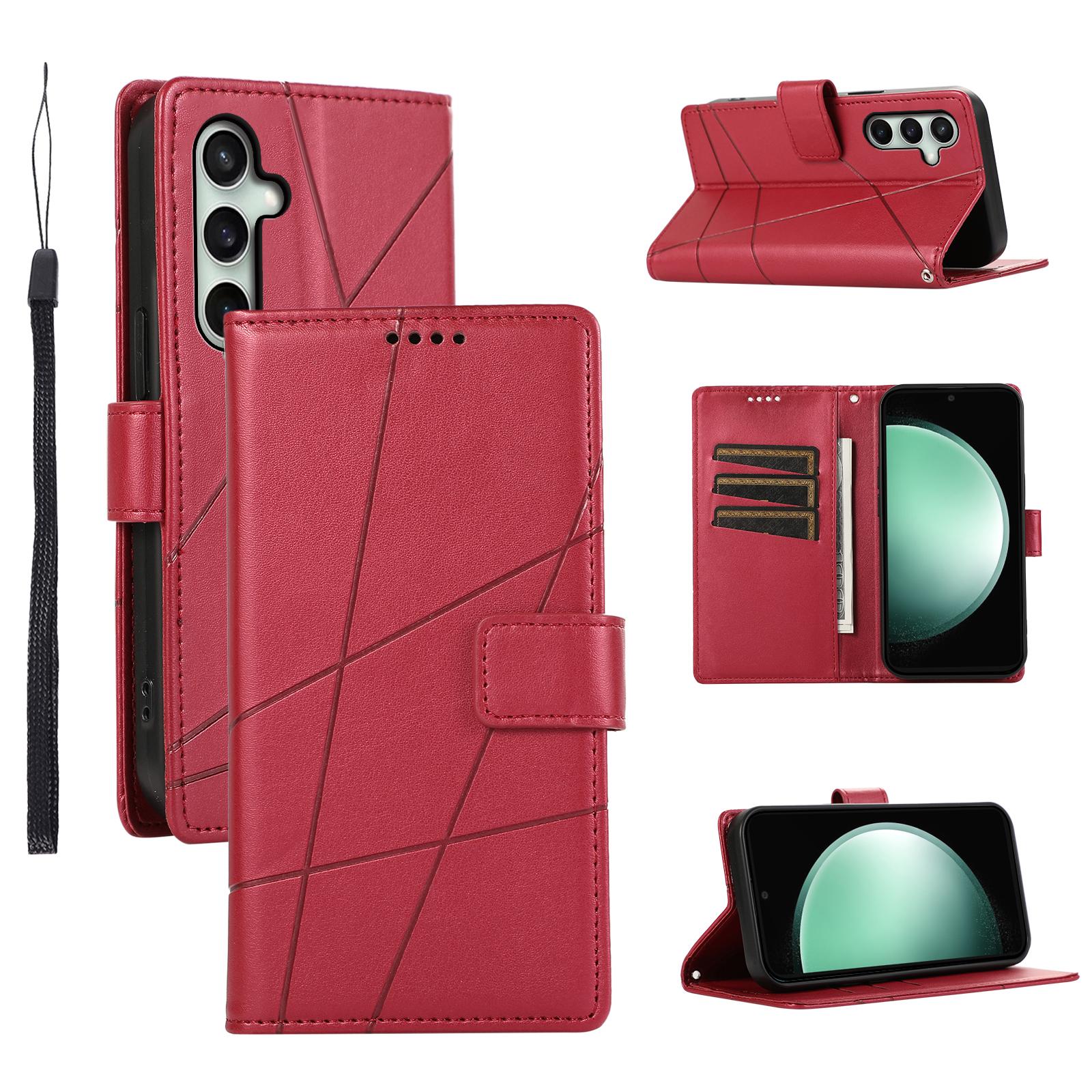 

For Samsung Galaxy S25 FE Phone Case Line Imprint Leather Wallet Cover with Wrist Strap Red