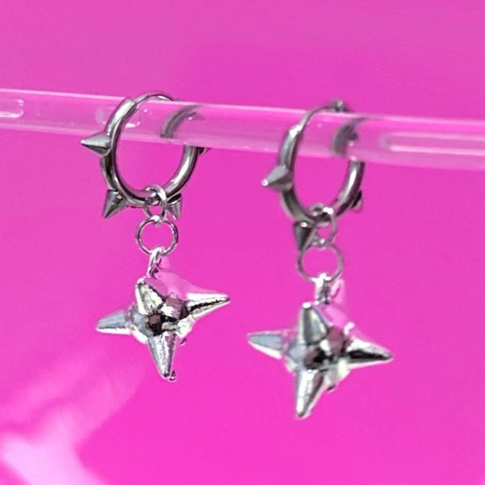 Punk Sliver Color Stainless Steel Hollowed-out Five-pointed Star Rivets Spike Ball Pendant Hoop Earrings for Women Men Jewelry