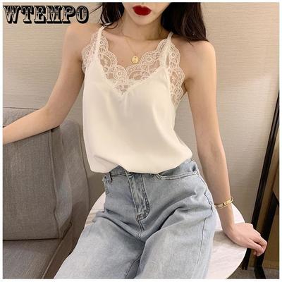 White Suspender Female Lace Vest Summer Suit with V-neck Large Top Lace Bottom Loose Solid Casual Top