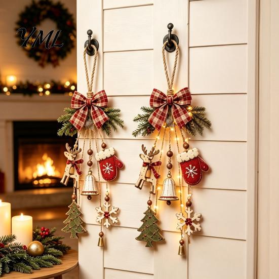 Vintage Retro Home Hanging Accents Rustic Christmas Wooden Pendant with LED Lights, Lighted Snowflake Gloves Tree And Reindeer Decorative Ornaments